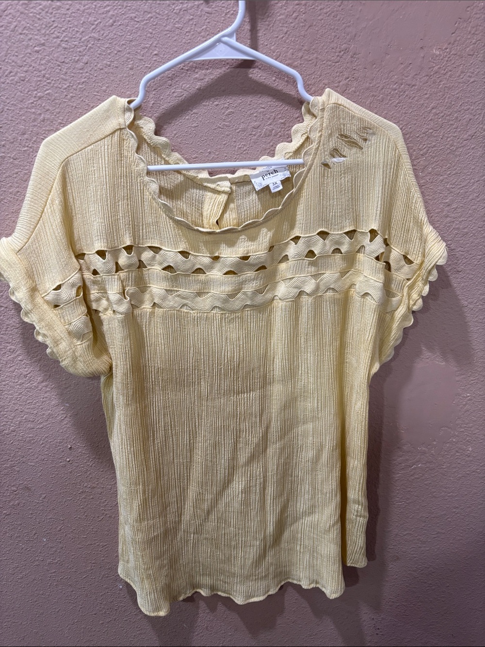 Yellow Eyelet Ruffle Short Sleeve Top by Perch, 3XLG